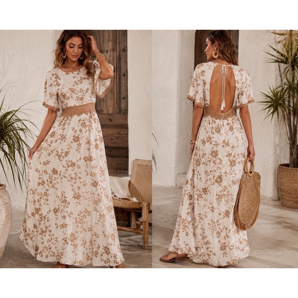 Zara Dresses & Skirts - ZARA Trafaluc Maxi Dress M White Embroidered Boho Open Back Crochet Lace Beige